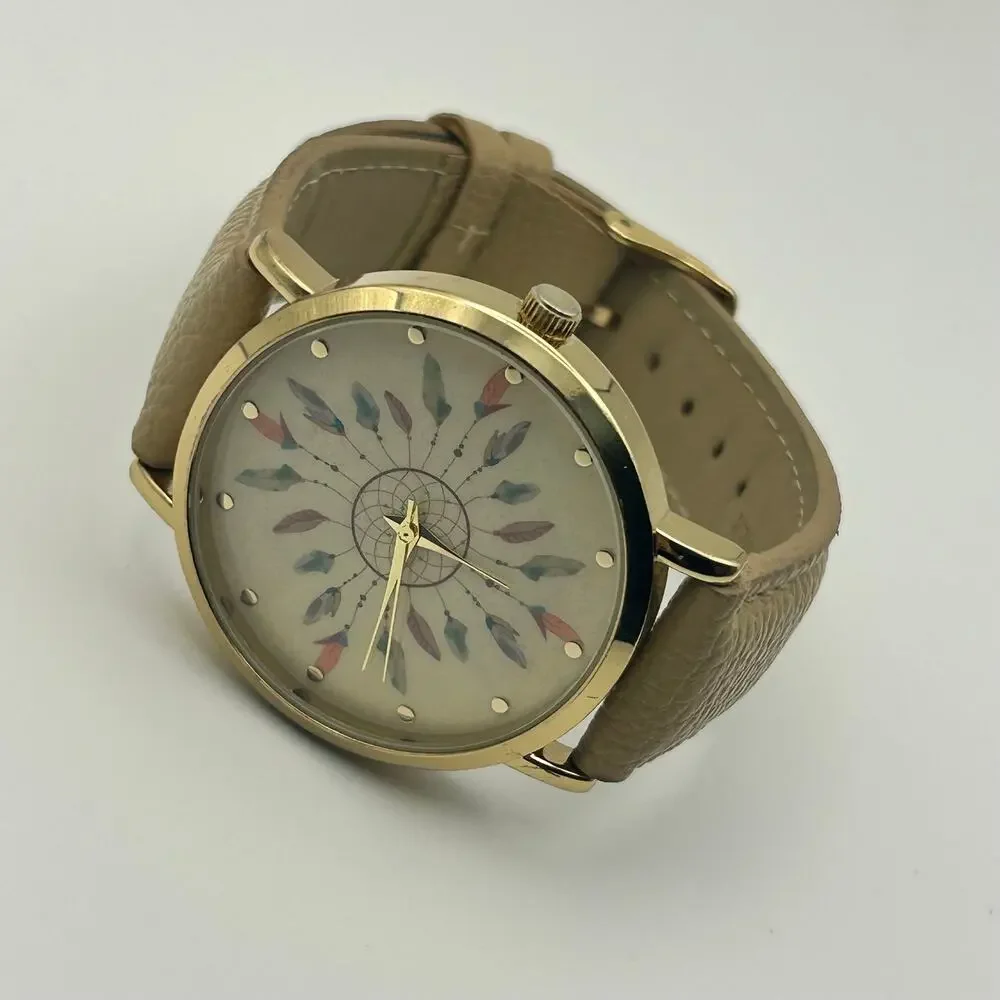 Dream Catcher Dial Gold Cream Leather Women’s Watch Working New Battery